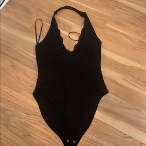 Black Halter Bodysuit with Lace Neckline